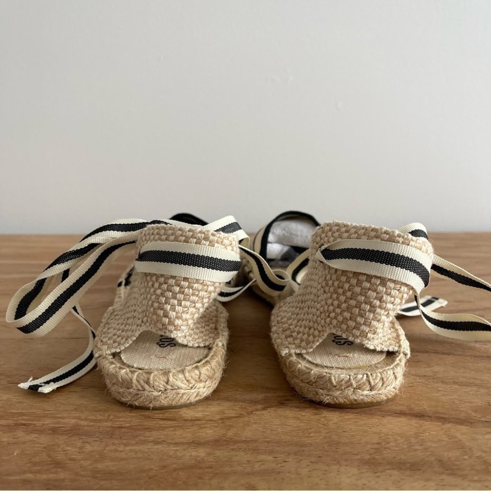 ❌SOLD❌SOLUDOS Lace-up flat espadrille shoes black cream stripe nautical size 7.5 - Picture 4 of 12
